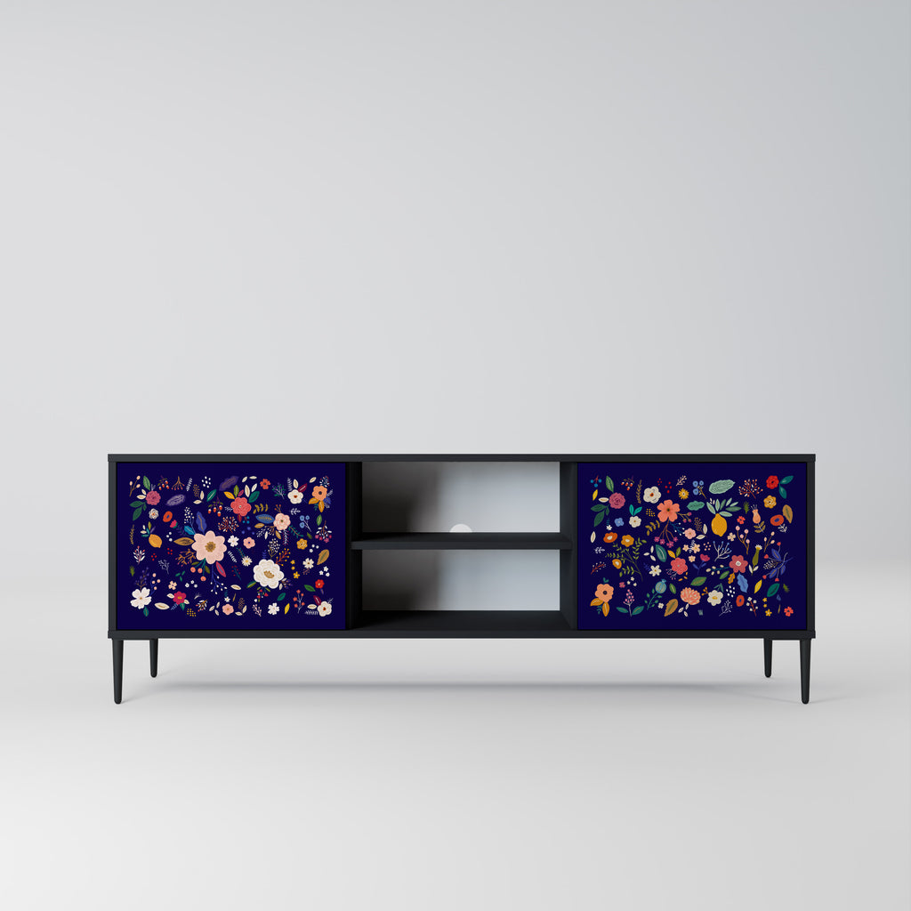Mueble de TV de 2 puertas con combinación floral en acabado negro