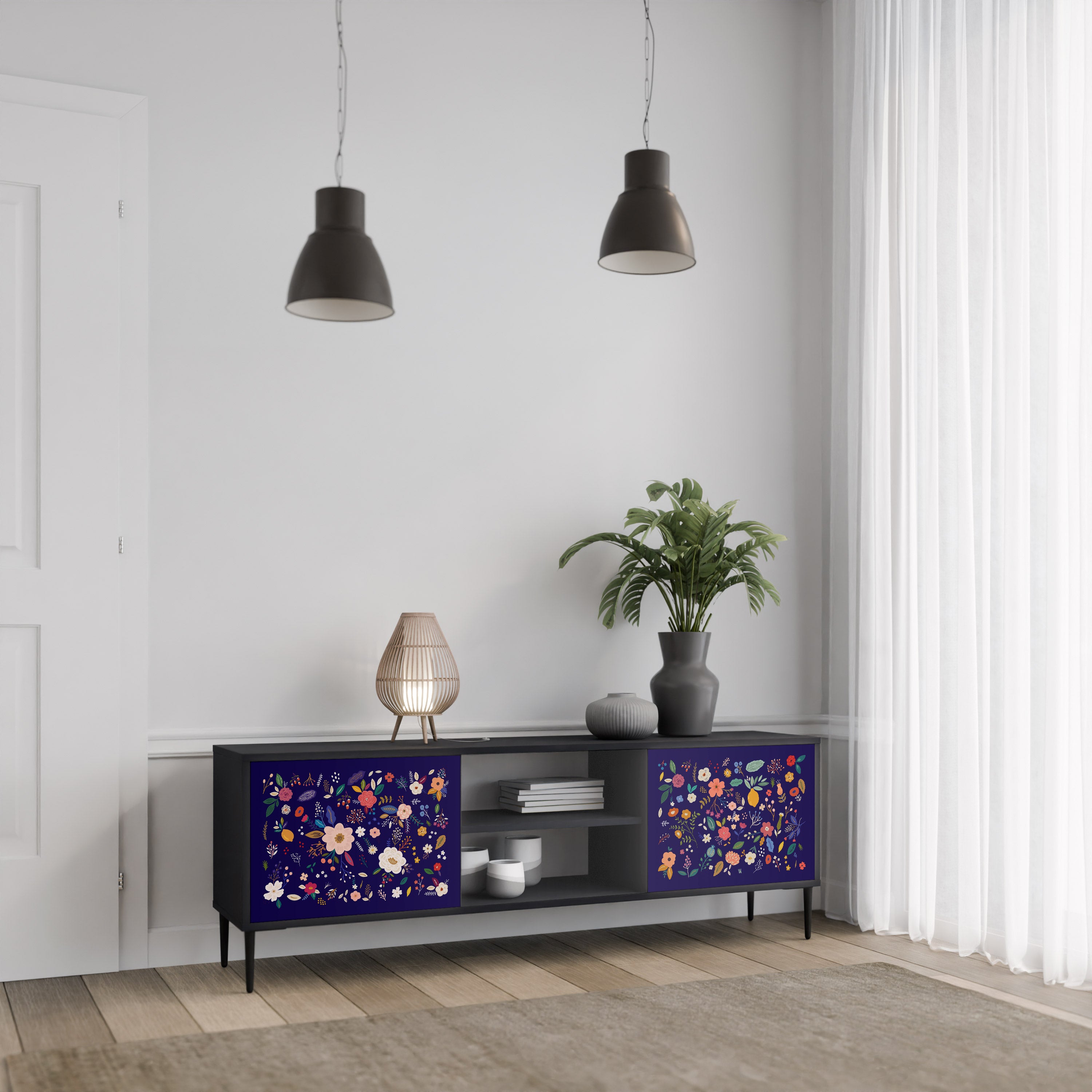 Mueble de TV de 2 puertas con combinación floral en acabado negro