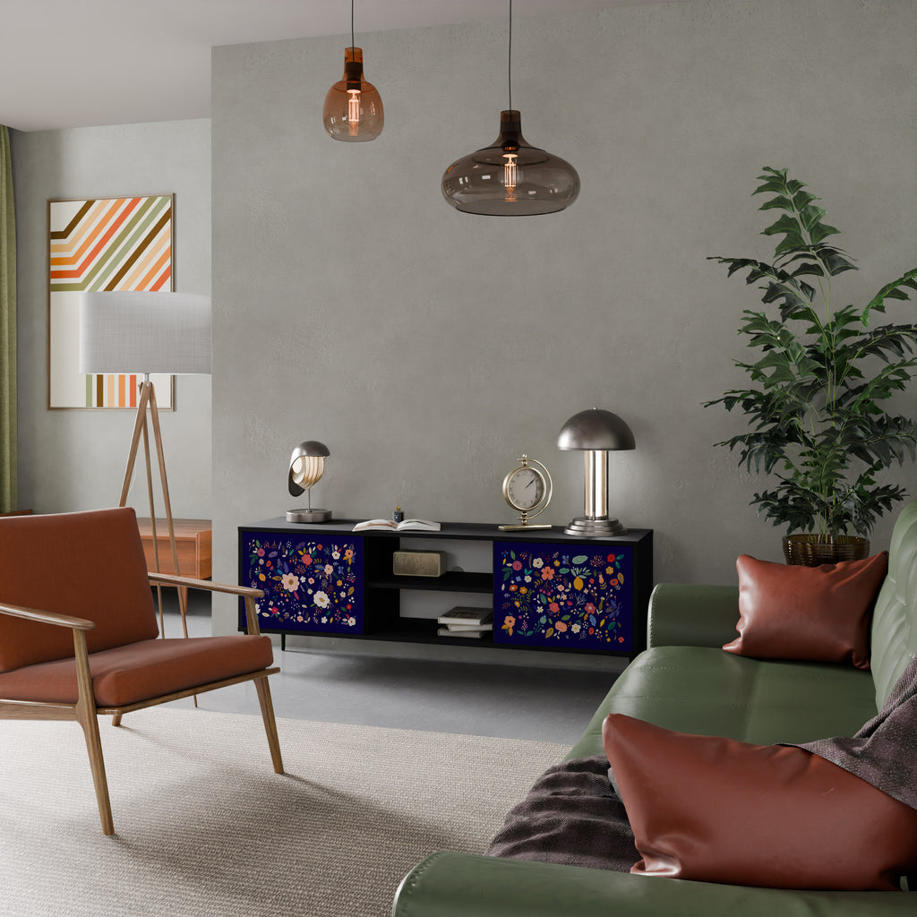 Mueble de TV de 2 puertas con combinación floral en acabado negro