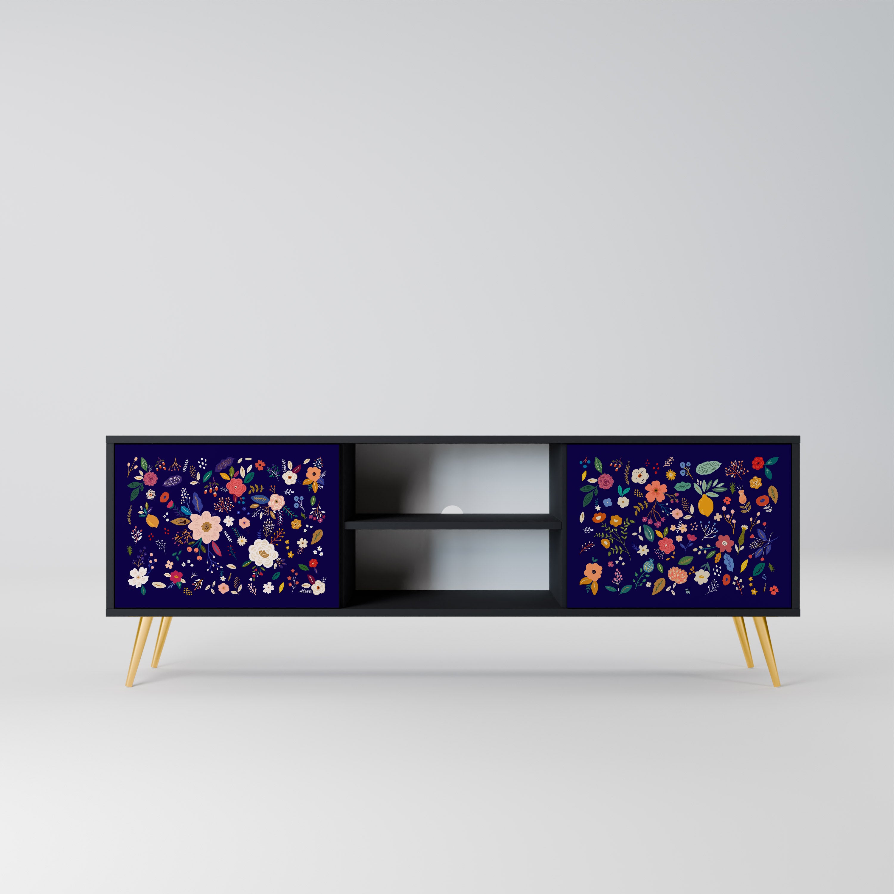 Mueble de TV de 2 puertas con combinación floral en acabado negro