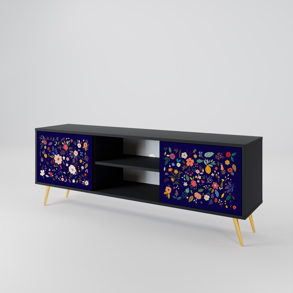 Mueble de TV de 2 puertas con combinación floral en acabado negro