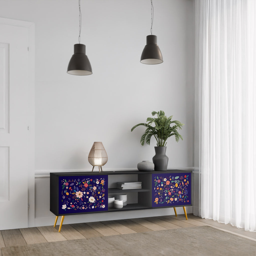 Mueble de TV de 2 puertas con combinación floral en acabado negro