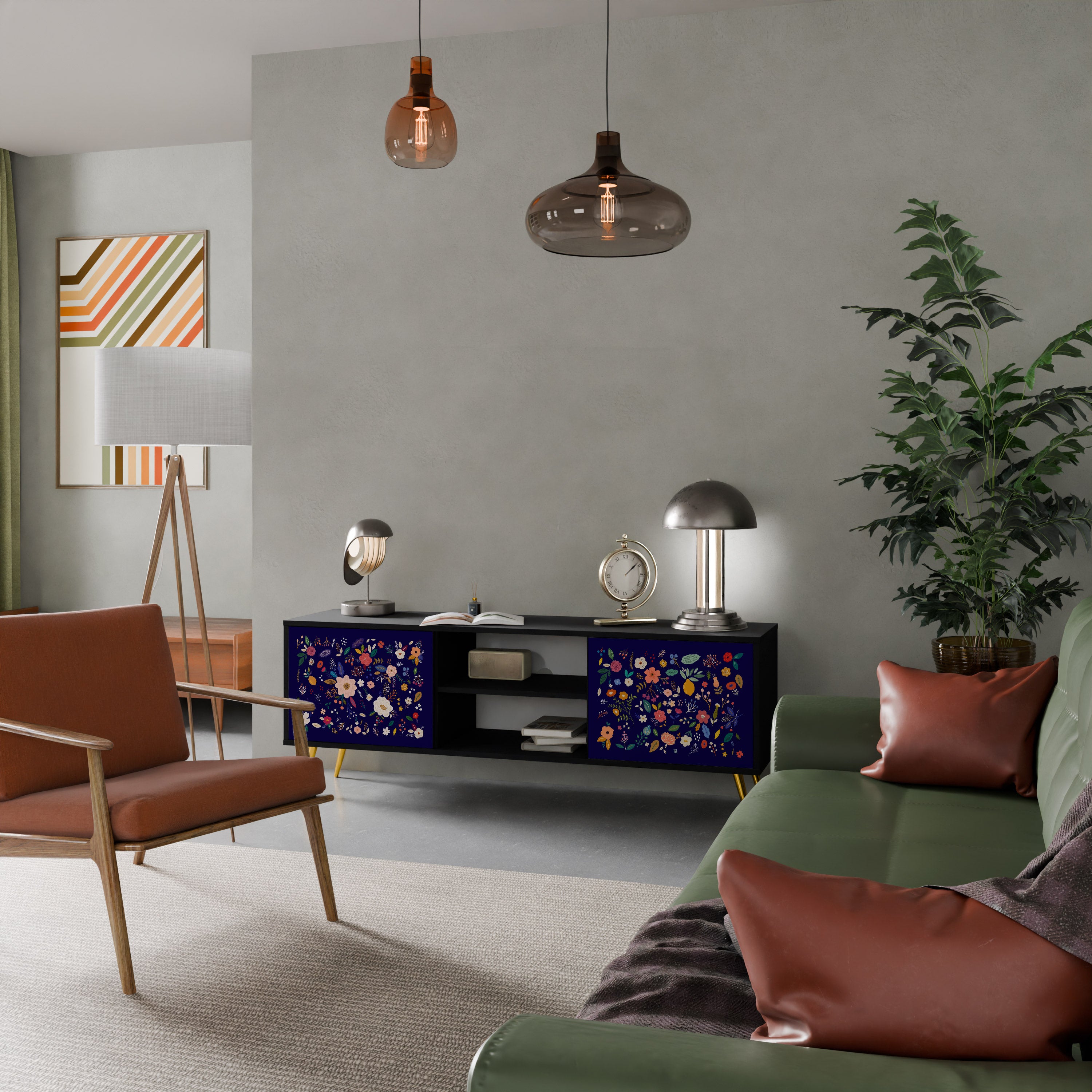 Mueble de TV de 2 puertas con combinación floral en acabado negro