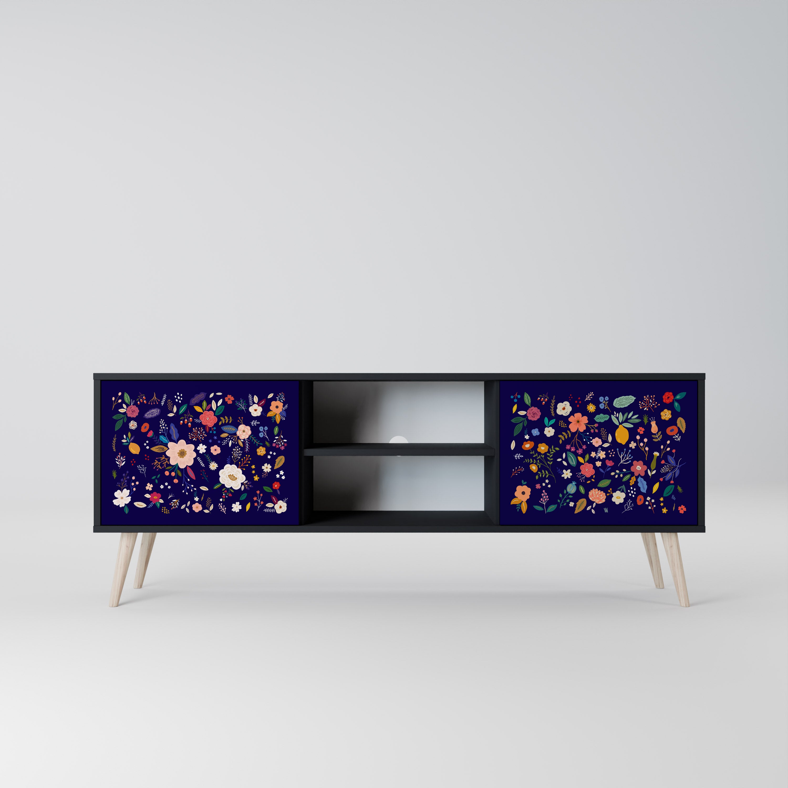 Mueble de TV de 2 puertas con combinación floral en acabado negro