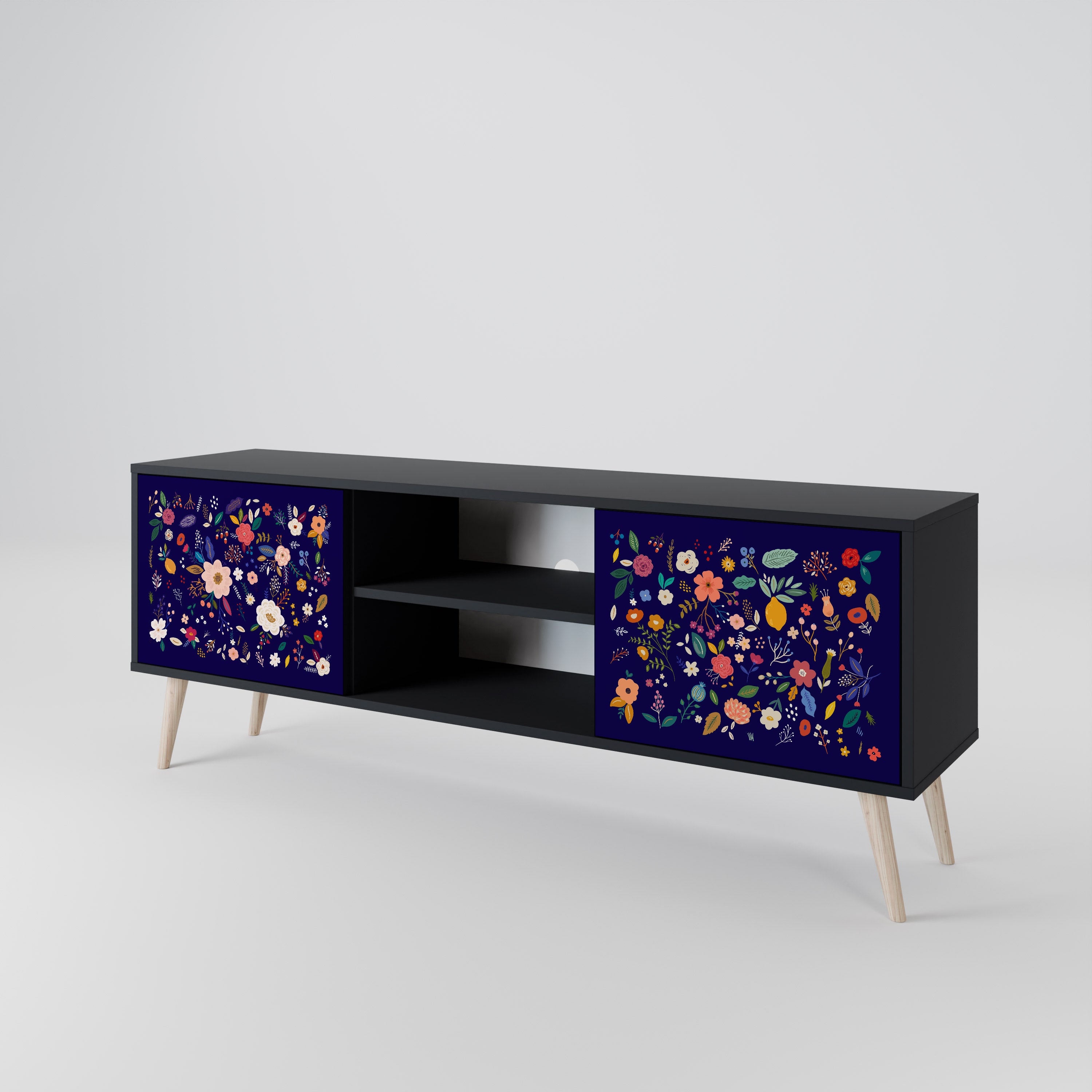 Mueble de TV de 2 puertas con combinación floral en acabado negro