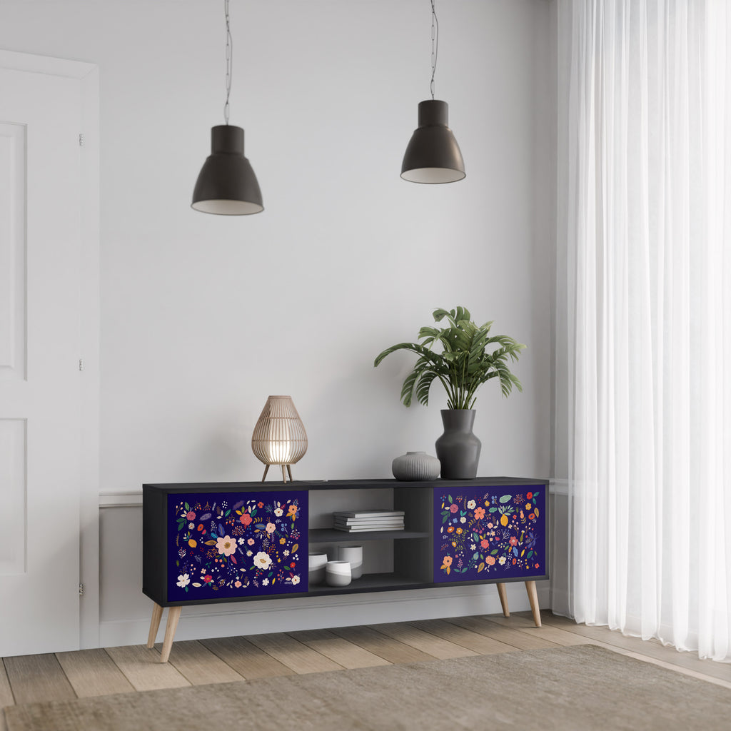 Mueble de TV de 2 puertas con combinación floral en acabado negro