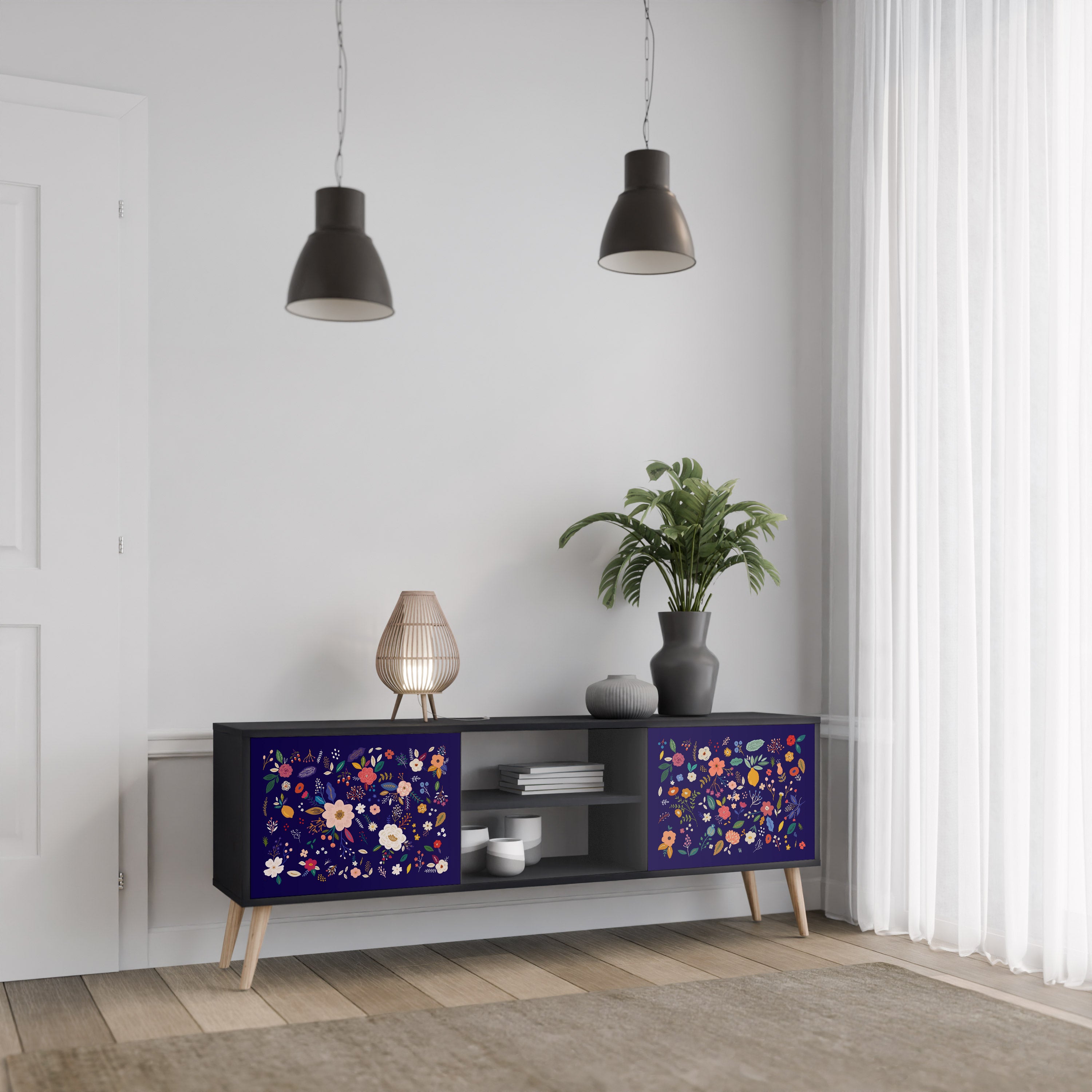 Mueble de TV de 2 puertas con combinación floral en acabado negro