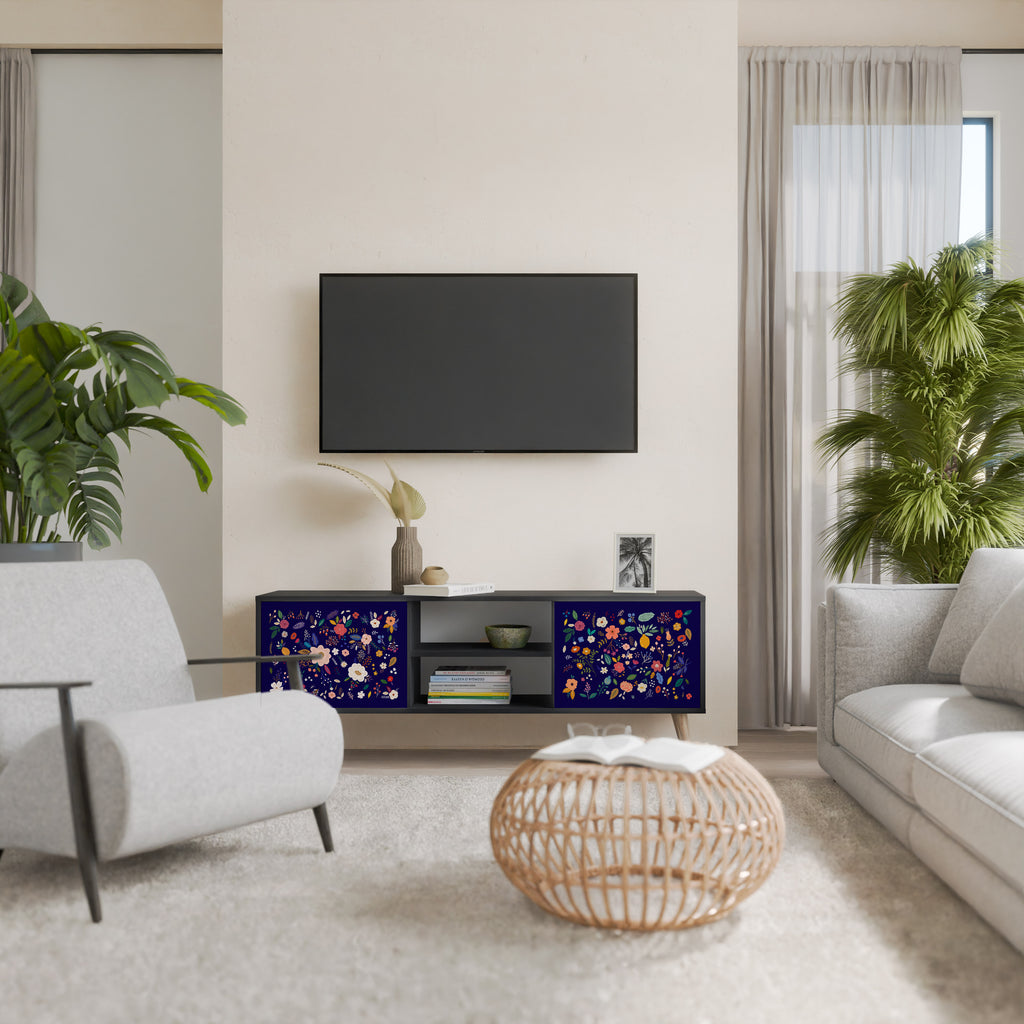 Mueble de TV de 2 puertas con combinación floral en acabado negro