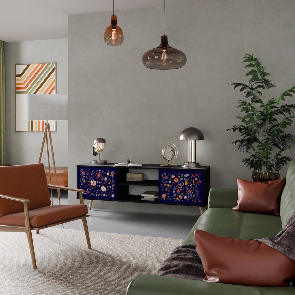 Mueble de TV de 2 puertas con combinación floral en acabado negro