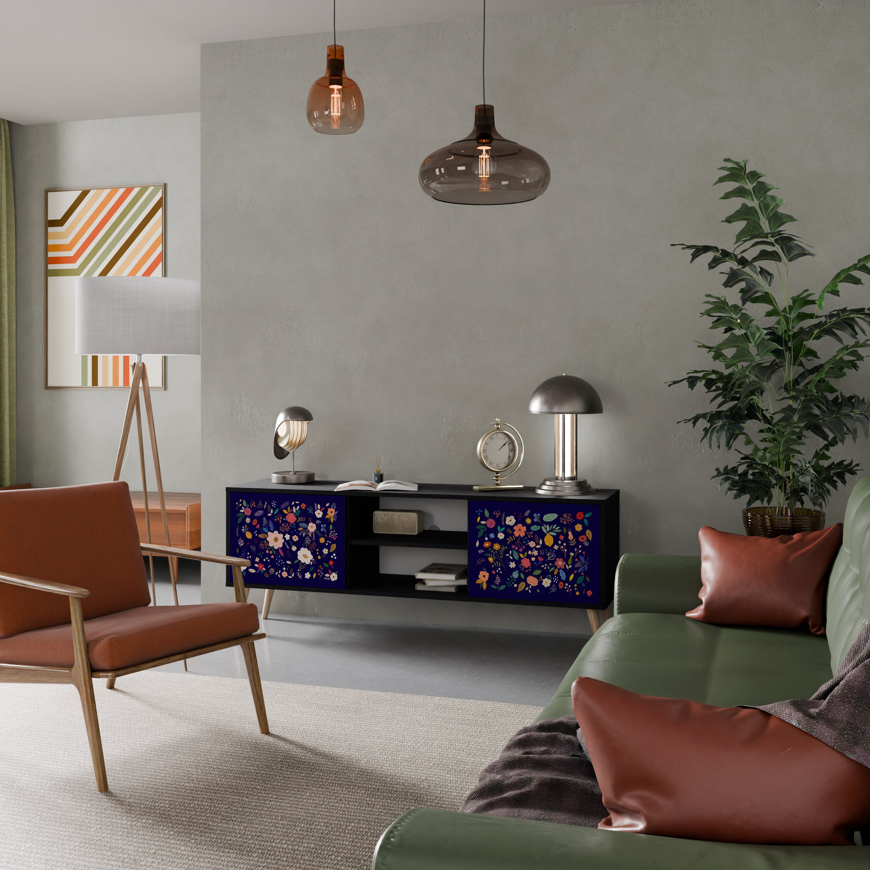 Mueble de TV de 2 puertas con combinación floral en acabado negro