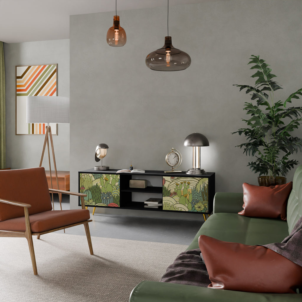 Mueble de TV de 2 puertas SUCCULENTS KALEIDOSCOPE con acabado negro