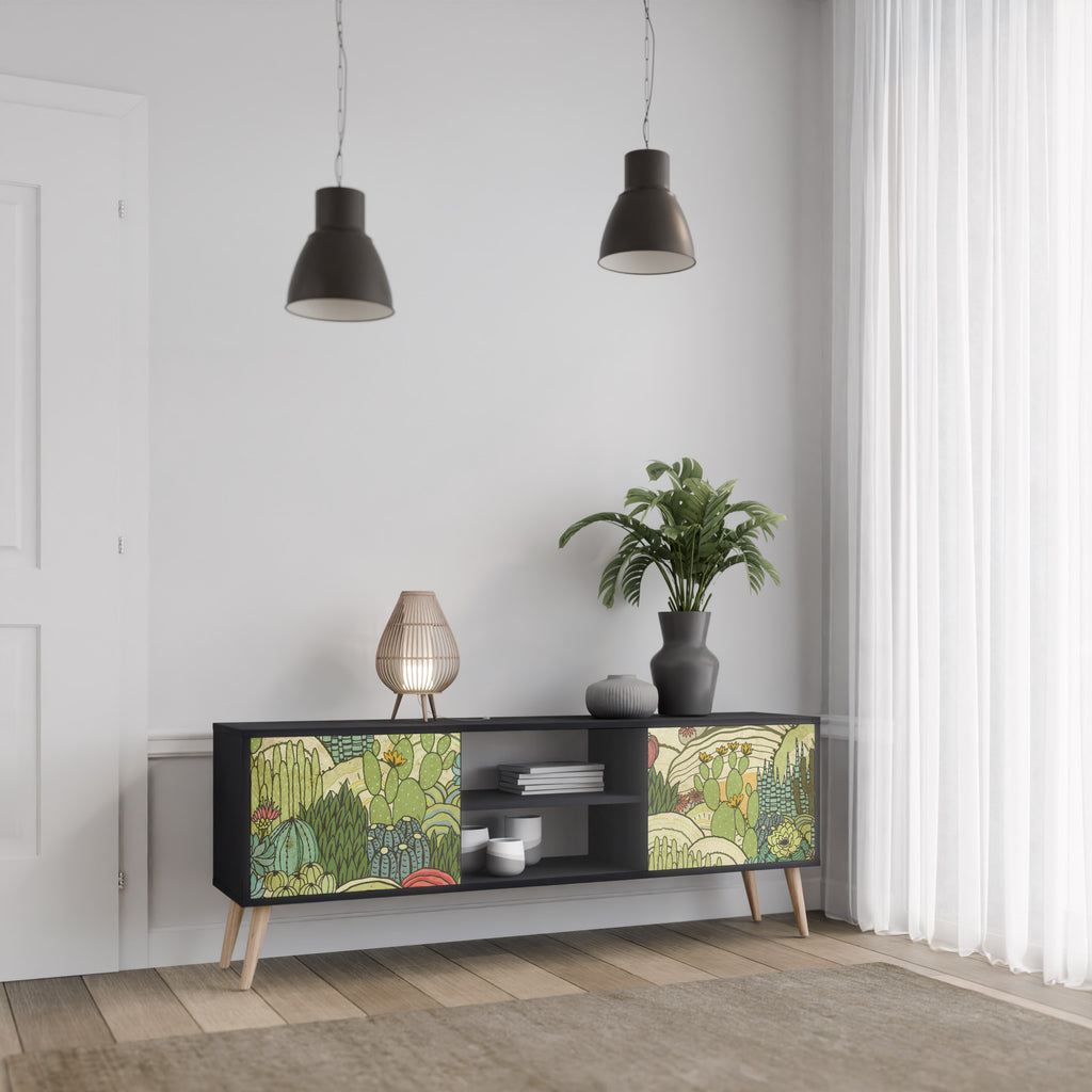 Mueble de TV de 2 puertas SUCCULENTS KALEIDOSCOPE con acabado negro