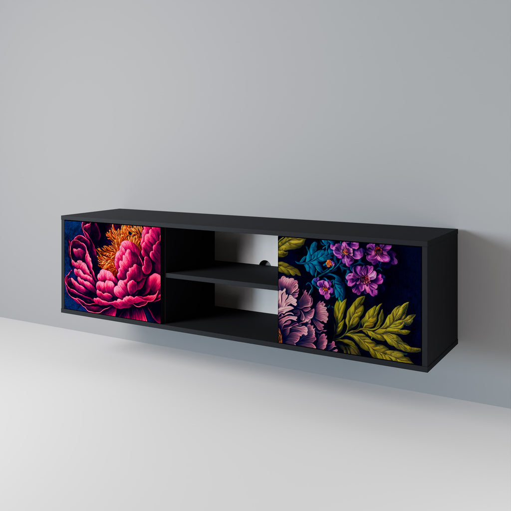Mueble de TV de 2 puertas BLOOMING ELEGANCE con acabado negro