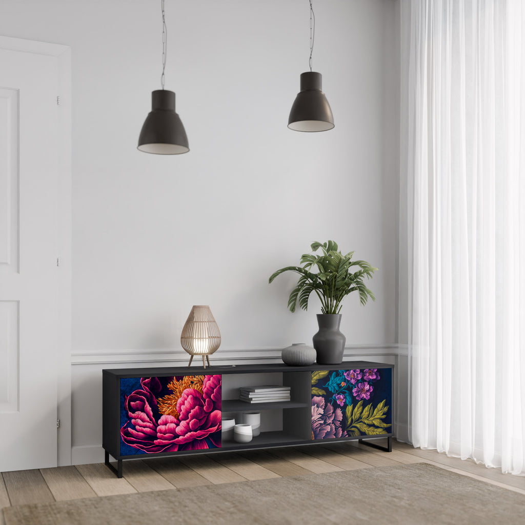 Mueble de TV de 2 puertas BLOOMING ELEGANCE con acabado negro