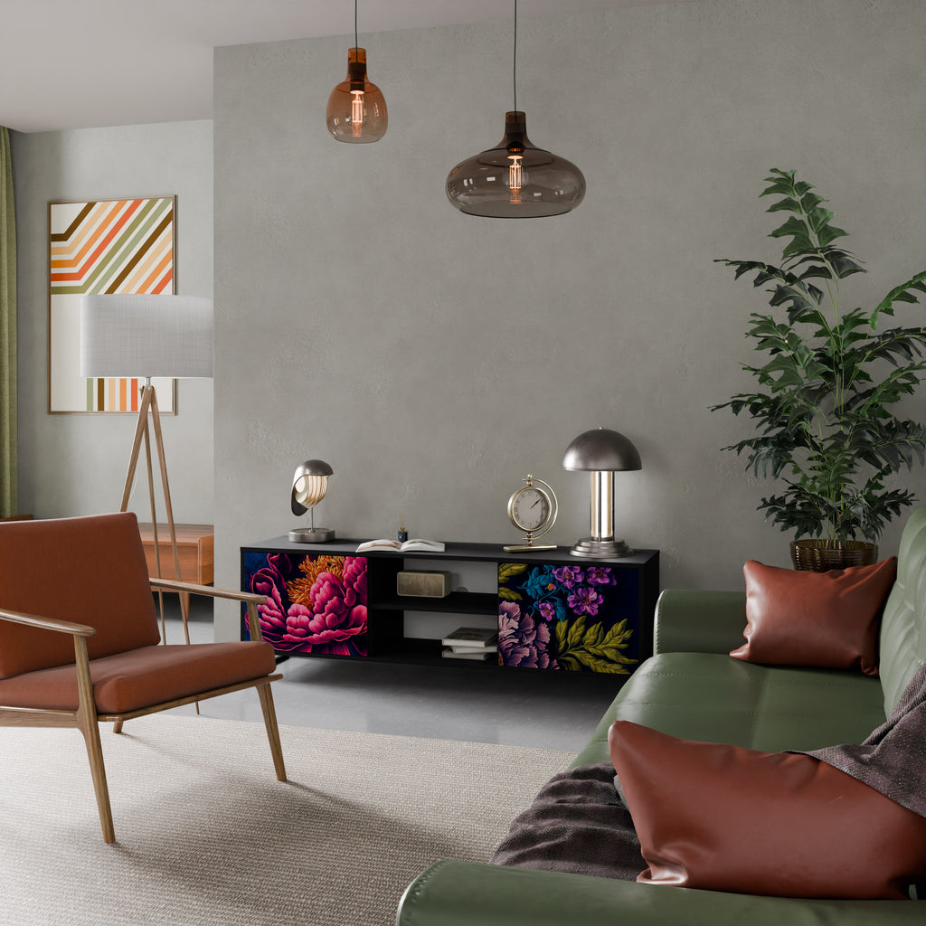 Mueble de TV de 2 puertas BLOOMING ELEGANCE con acabado negro