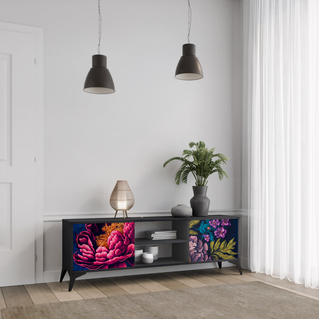 Mueble de TV de 2 puertas BLOOMING ELEGANCE con acabado negro