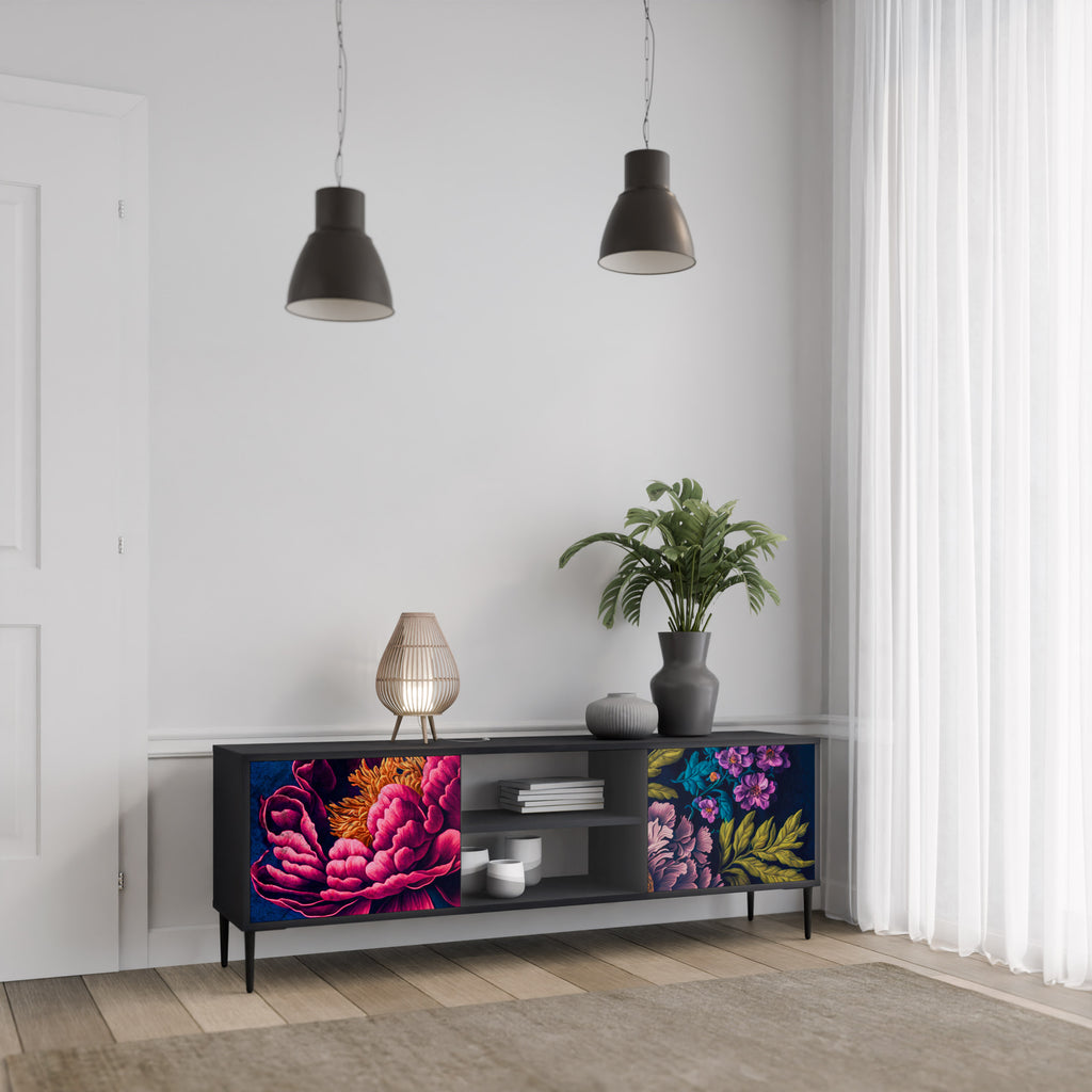 Mueble de TV de 2 puertas BLOOMING ELEGANCE con acabado negro