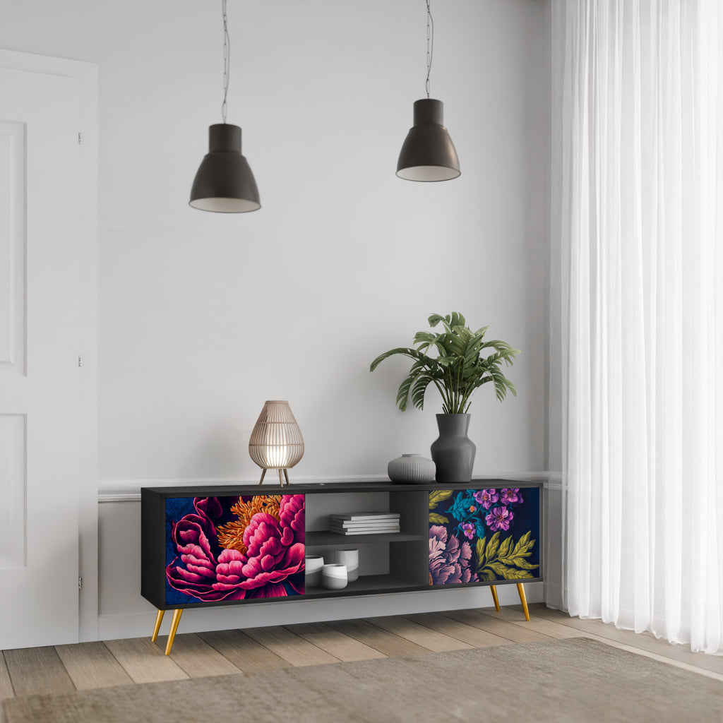 Mueble de TV de 2 puertas BLOOMING ELEGANCE con acabado negro