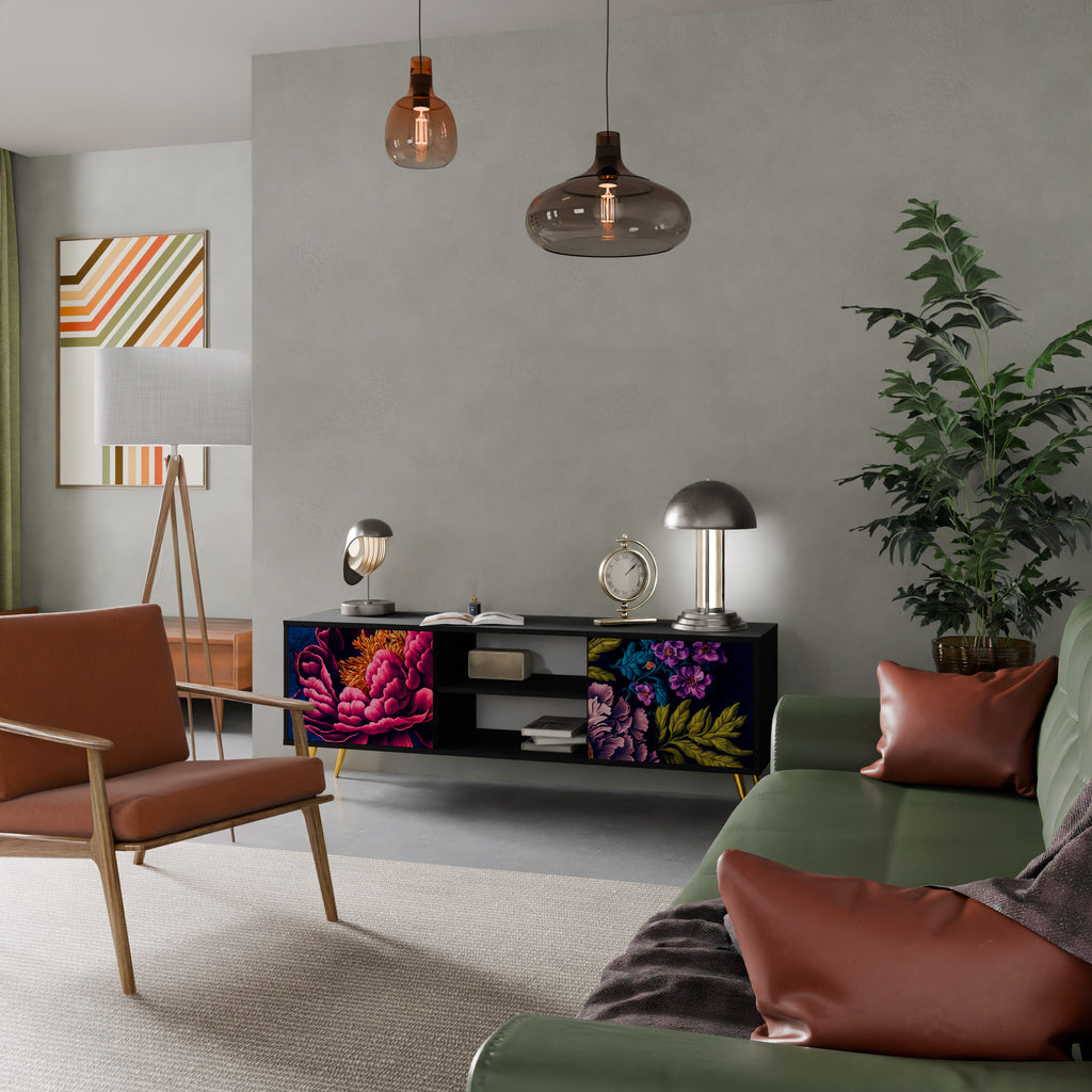 Mueble de TV de 2 puertas BLOOMING ELEGANCE con acabado negro