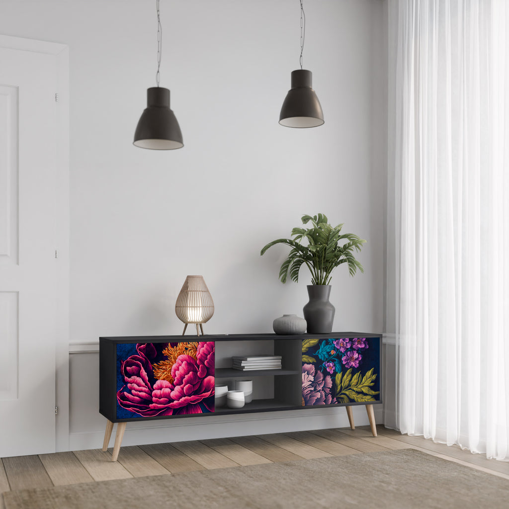 Mueble de TV de 2 puertas BLOOMING ELEGANCE con acabado negro