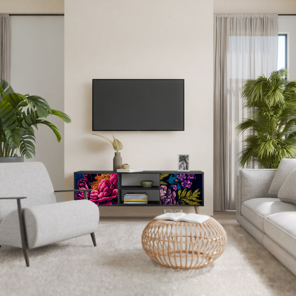 Mueble de TV de 2 puertas BLOOMING ELEGANCE con acabado negro