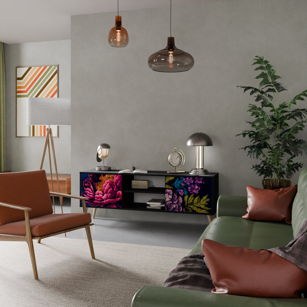 Mueble de TV de 2 puertas BLOOMING ELEGANCE con acabado negro