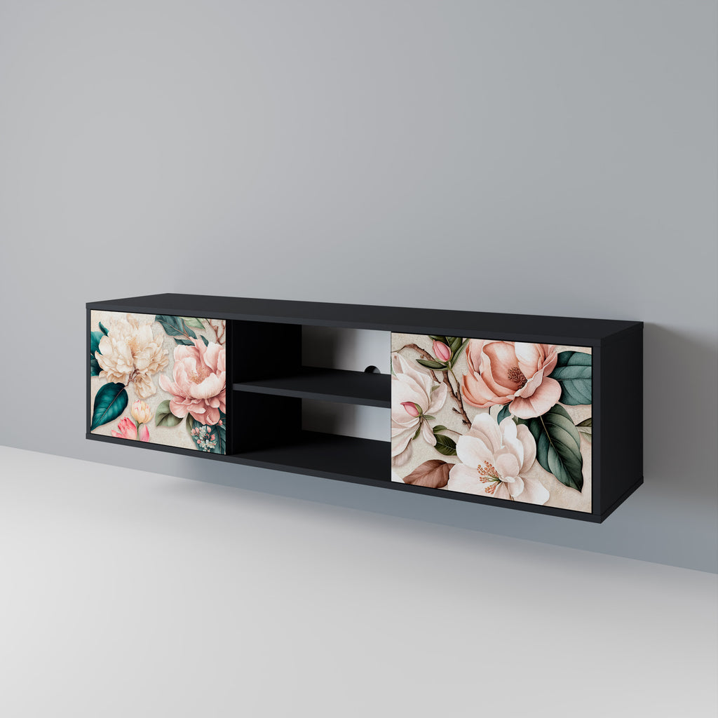 Mueble de TV de 2 puertas FLORAL GRACE con acabado negro