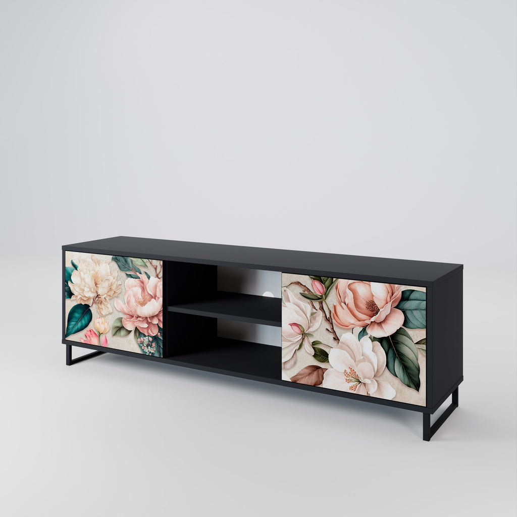 Mueble de TV de 2 puertas FLORAL GRACE con acabado negro