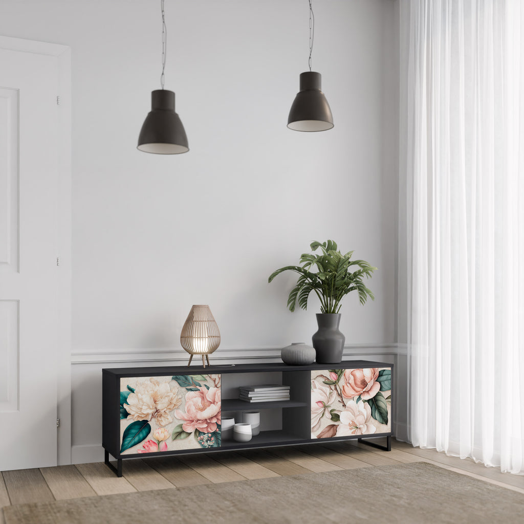 Mueble de TV de 2 puertas FLORAL GRACE con acabado negro