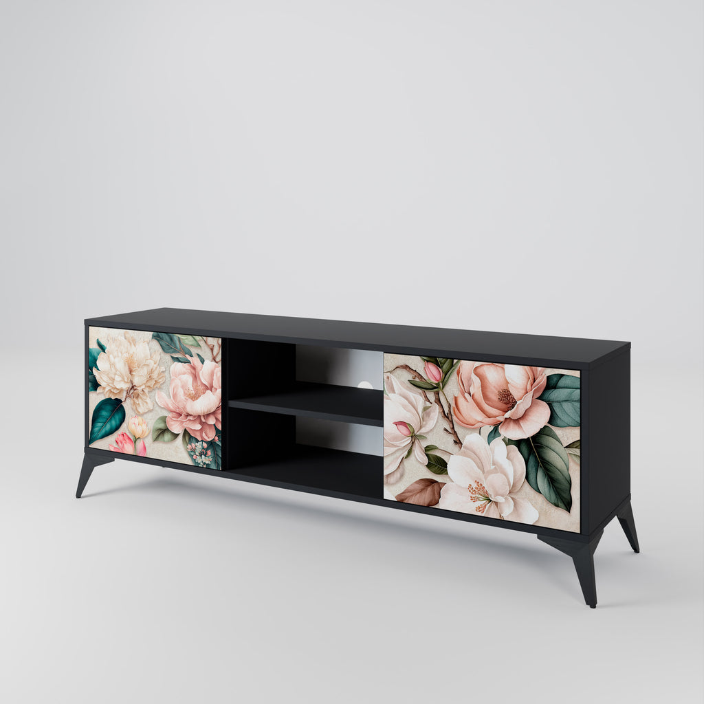 Mueble de TV de 2 puertas FLORAL GRACE con acabado negro