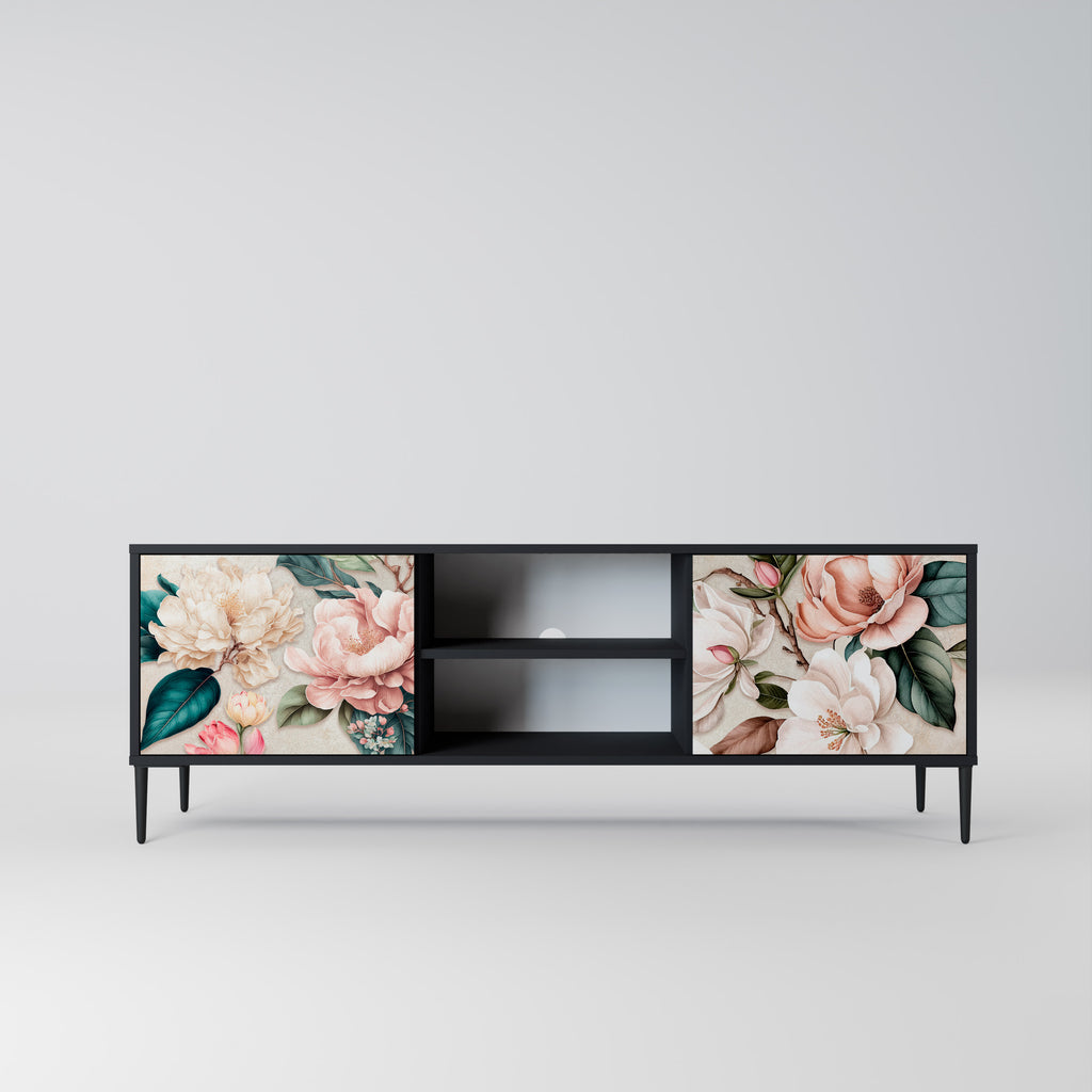 Mueble de TV de 2 puertas FLORAL GRACE con acabado negro