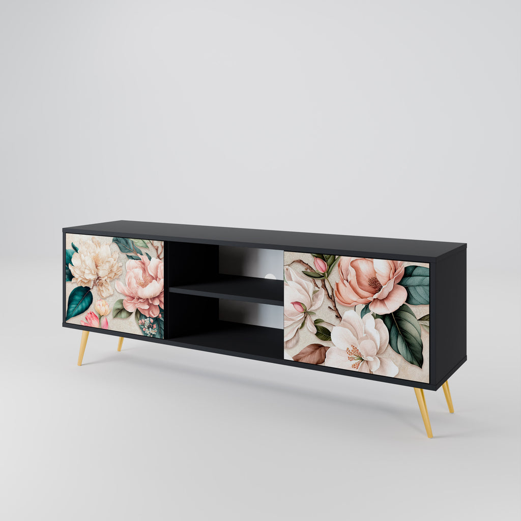 Mueble de TV de 2 puertas FLORAL GRACE con acabado negro