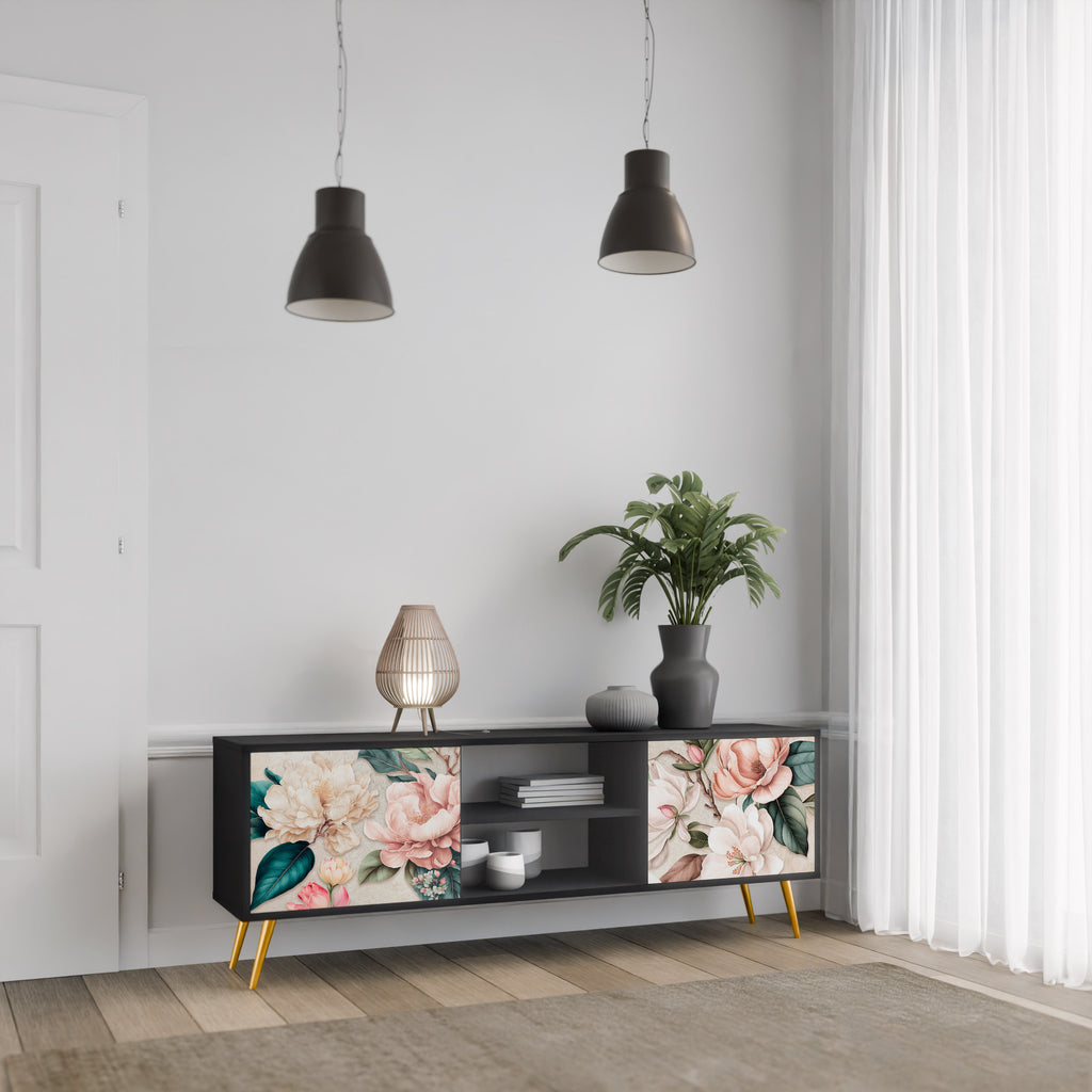 Mueble de TV de 2 puertas FLORAL GRACE con acabado negro