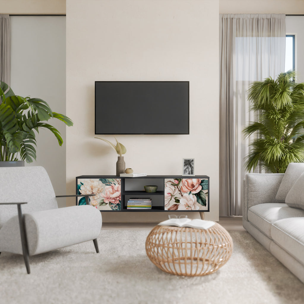 Mueble de TV de 2 puertas FLORAL GRACE con acabado negro