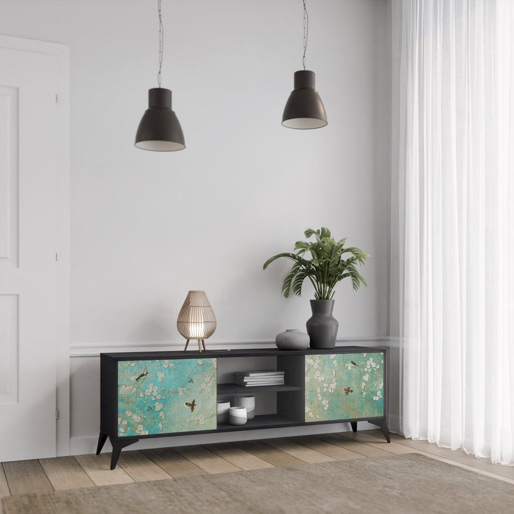 Mueble de TV de 2 puertas BLOOMING CHARM en acabado negro