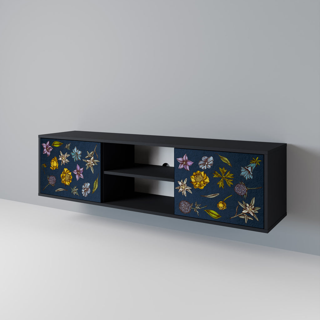 Mueble de TV de 2 puertas con diseño de flores en azul marino y acabado negro