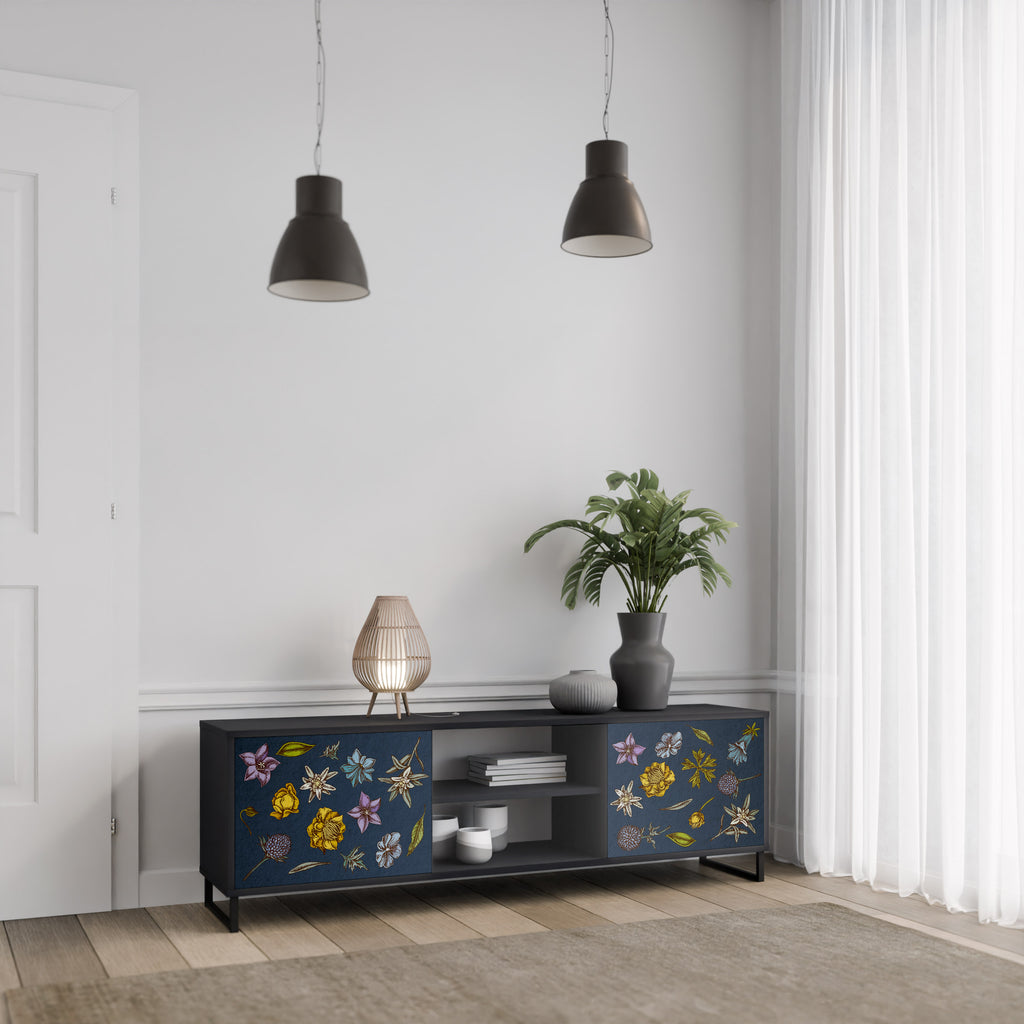 Mueble de TV de 2 puertas con diseño de flores en azul marino y acabado negro