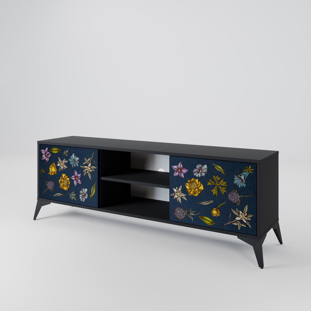 Mueble de TV de 2 puertas con diseño de flores en azul marino y acabado negro