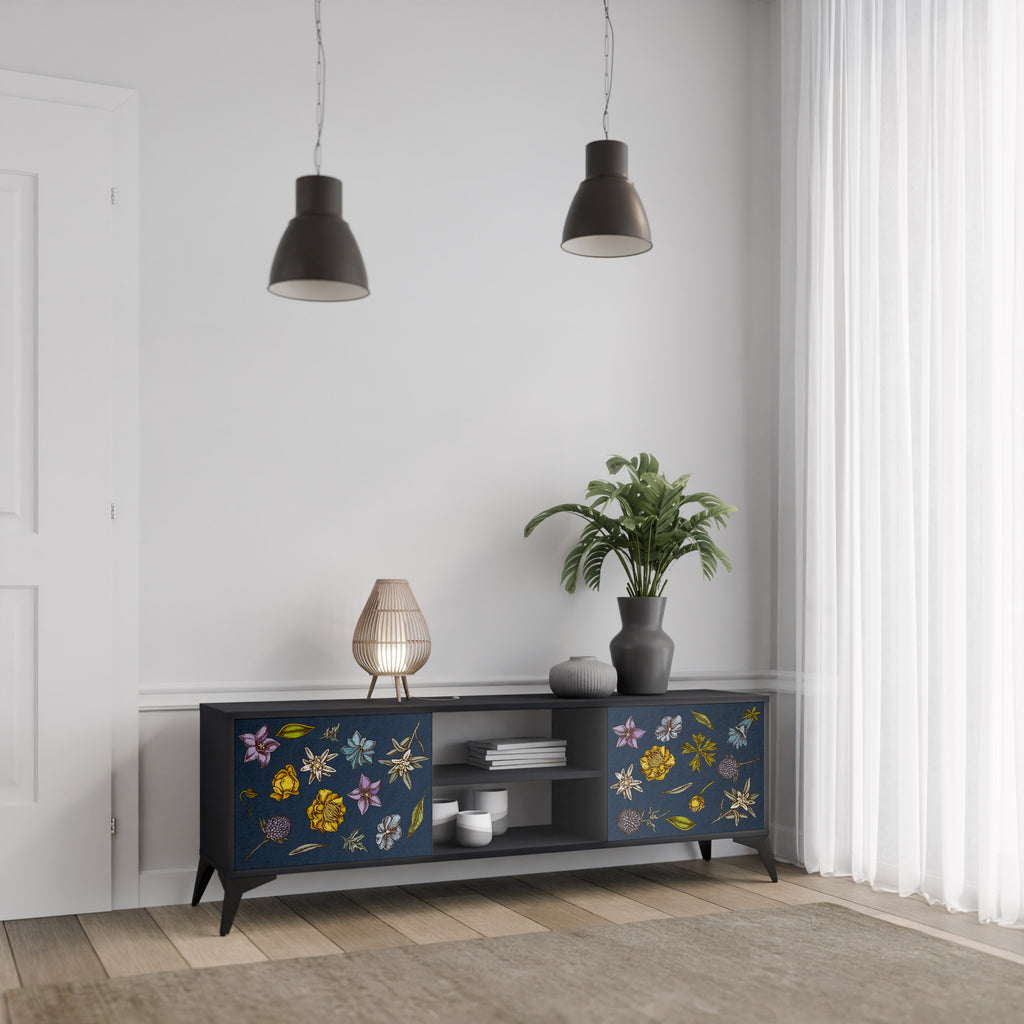Mueble de TV de 2 puertas con diseño de flores en azul marino y acabado negro