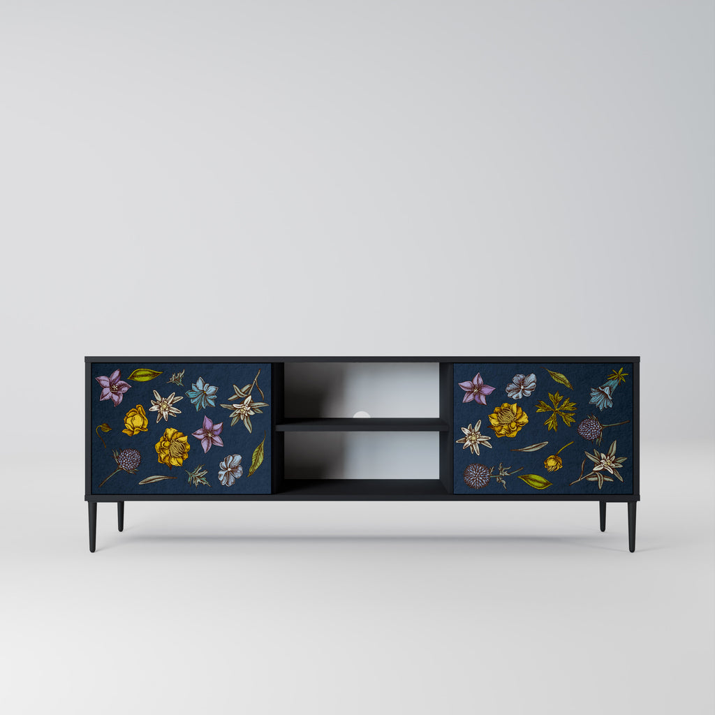 Mueble de TV de 2 puertas con diseño de flores en azul marino y acabado negro