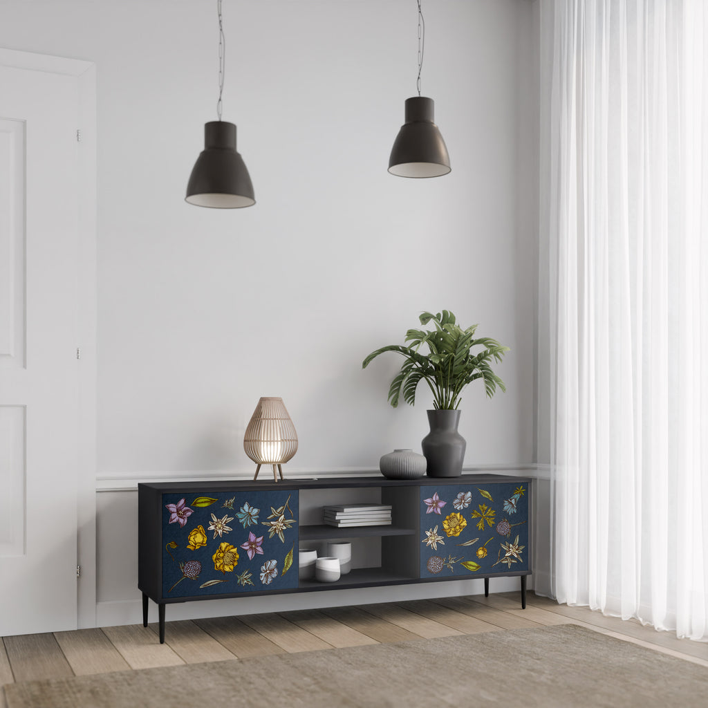 Mueble de TV de 2 puertas con diseño de flores en azul marino y acabado negro