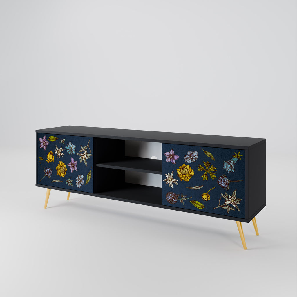 Mueble de TV de 2 puertas con diseño de flores en azul marino y acabado negro