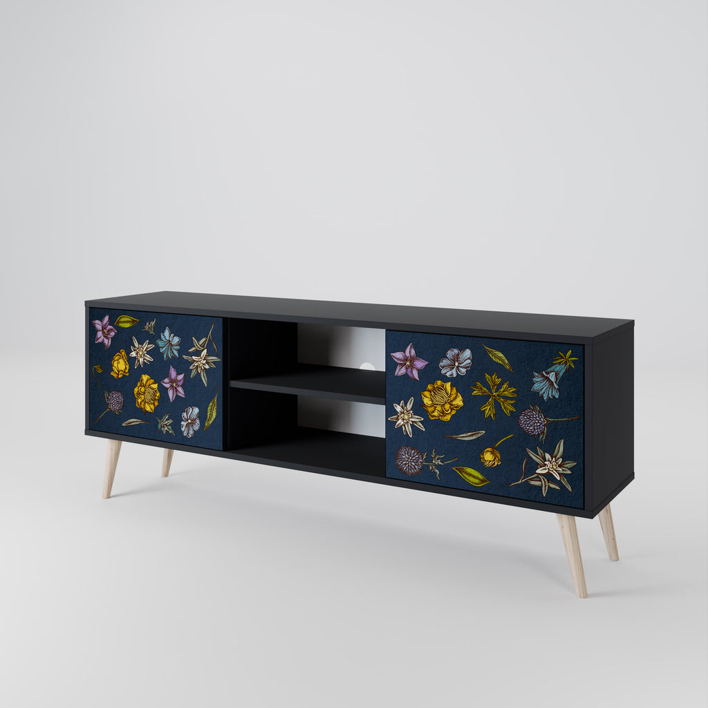 Mueble de TV de 2 puertas con diseño de flores en azul marino y acabado negro