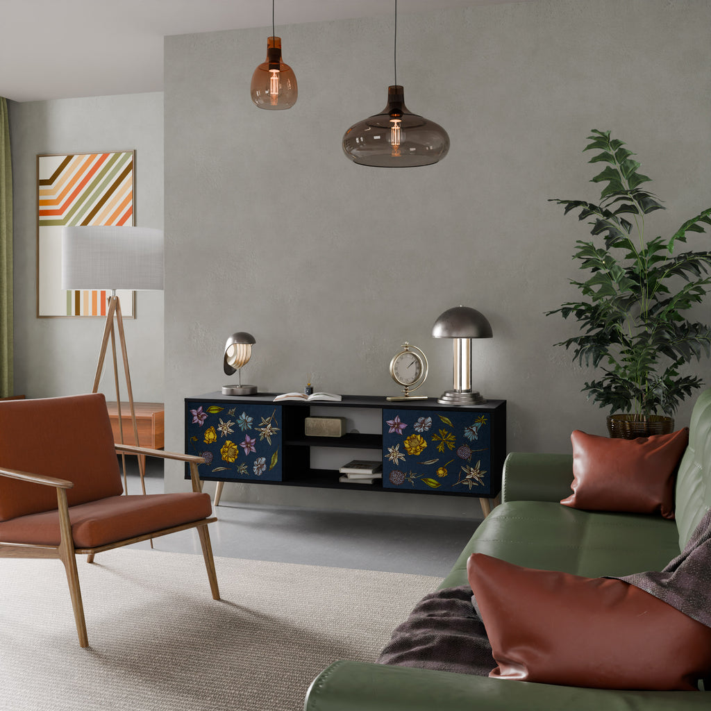 Mueble de TV de 2 puertas con diseño de flores en azul marino y acabado negro