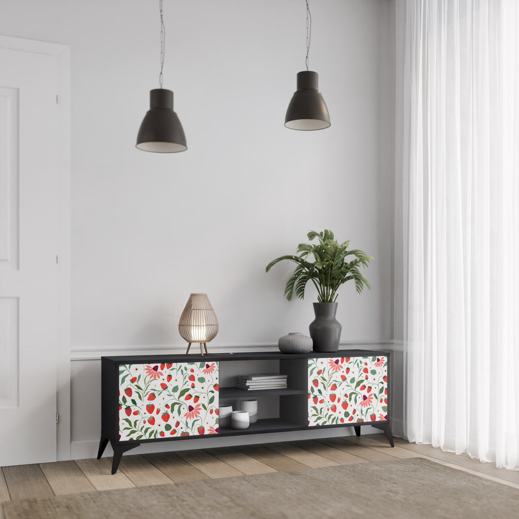 Mueble de TV de 2 puertas con acabado negro FLORES Y FRESAS