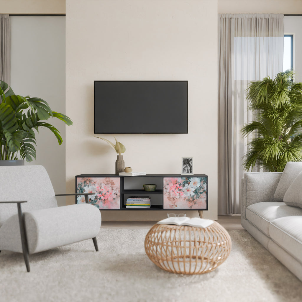 Mueble de TV de 2 puertas CHERRY BLOSSOM con acabado negro