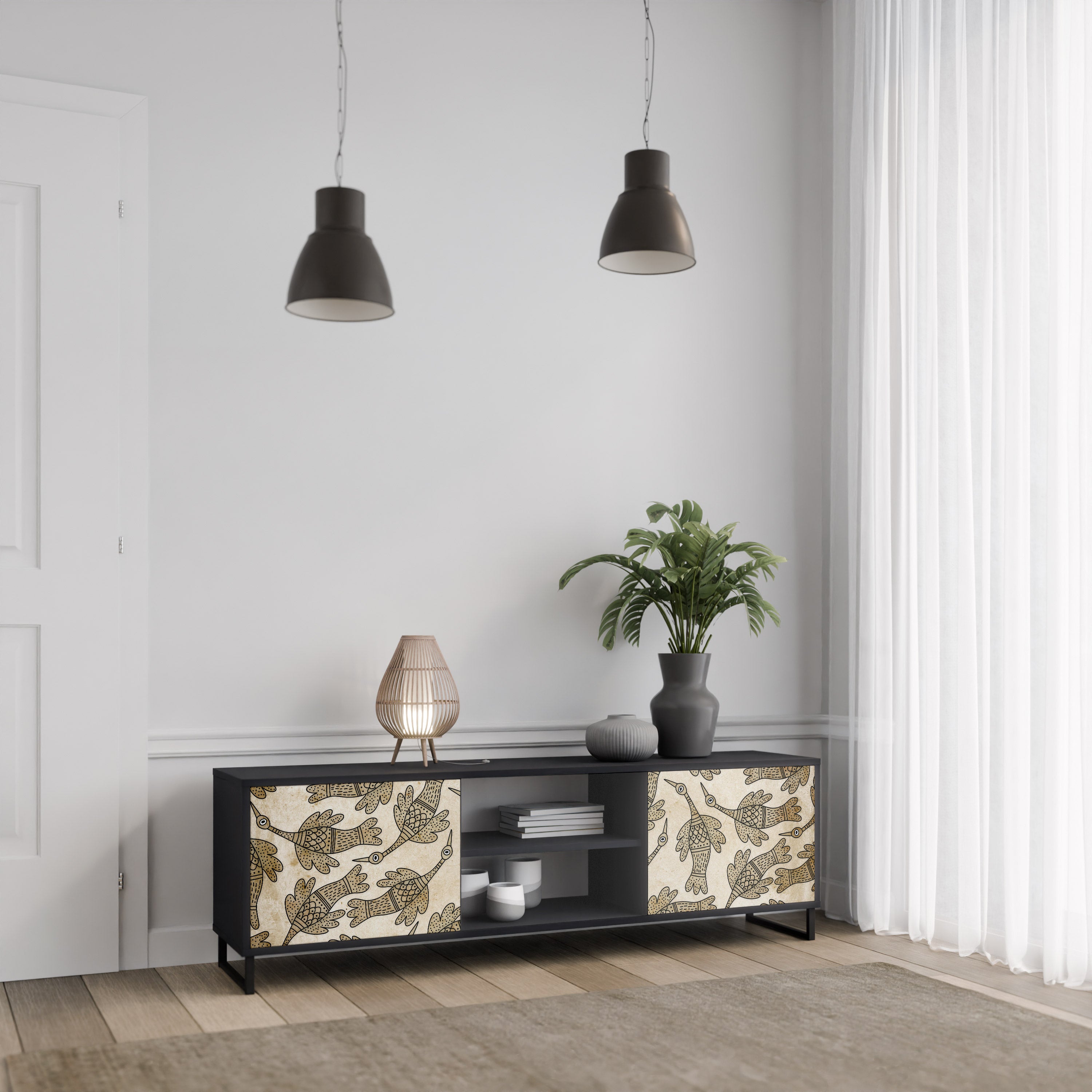 Mueble de TV de 2 puertas ALMONDINE SONGBIRD con acabado negro