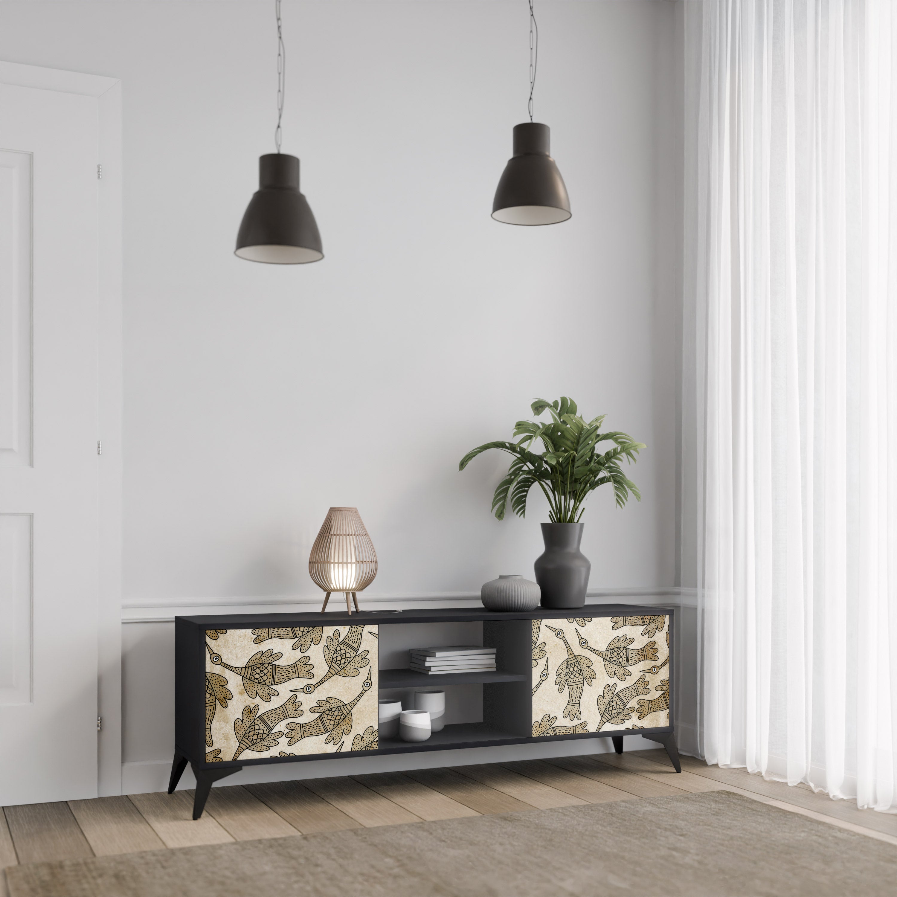 Mueble de TV de 2 puertas ALMONDINE SONGBIRD con acabado negro