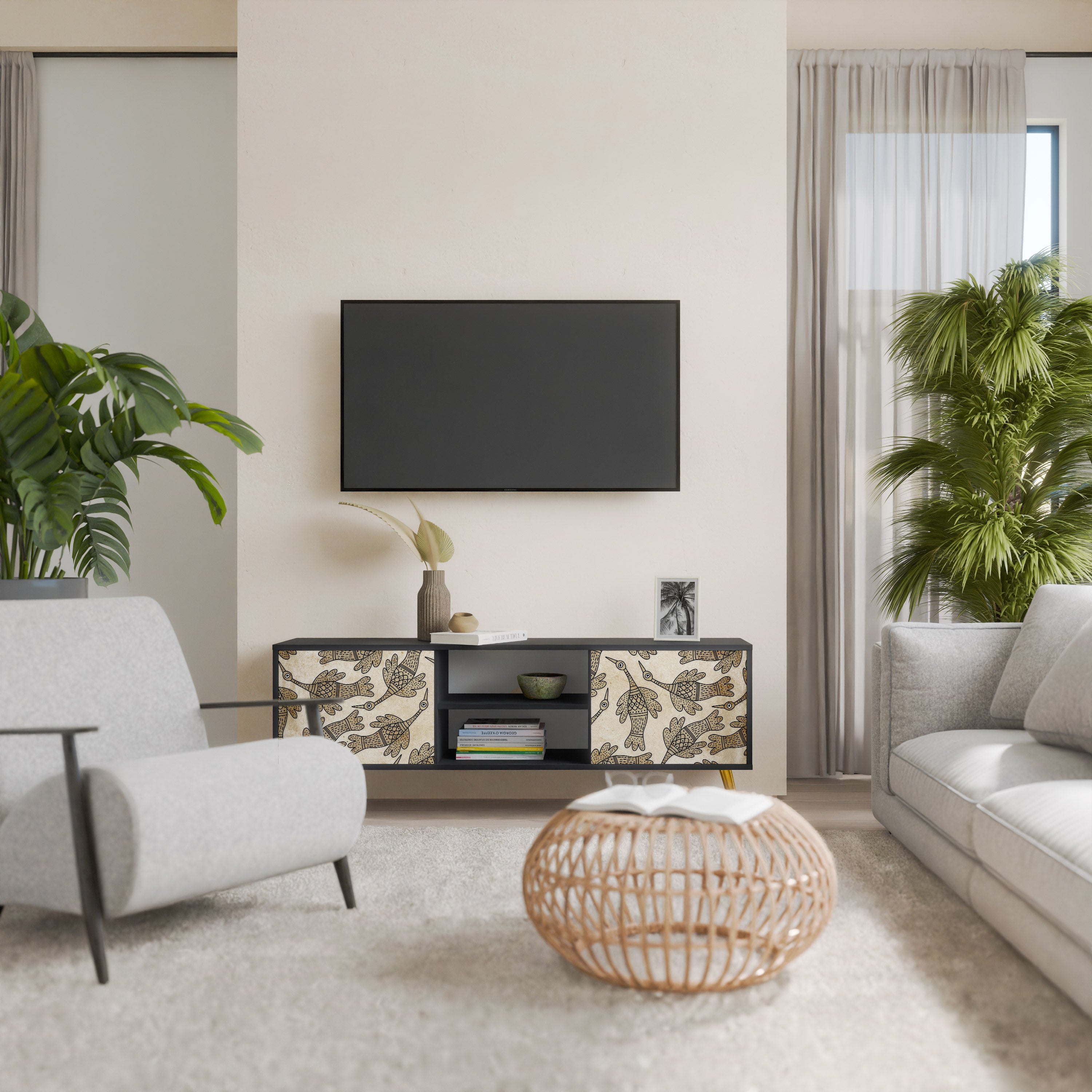 Mueble de TV de 2 puertas ALMONDINE SONGBIRD con acabado negro