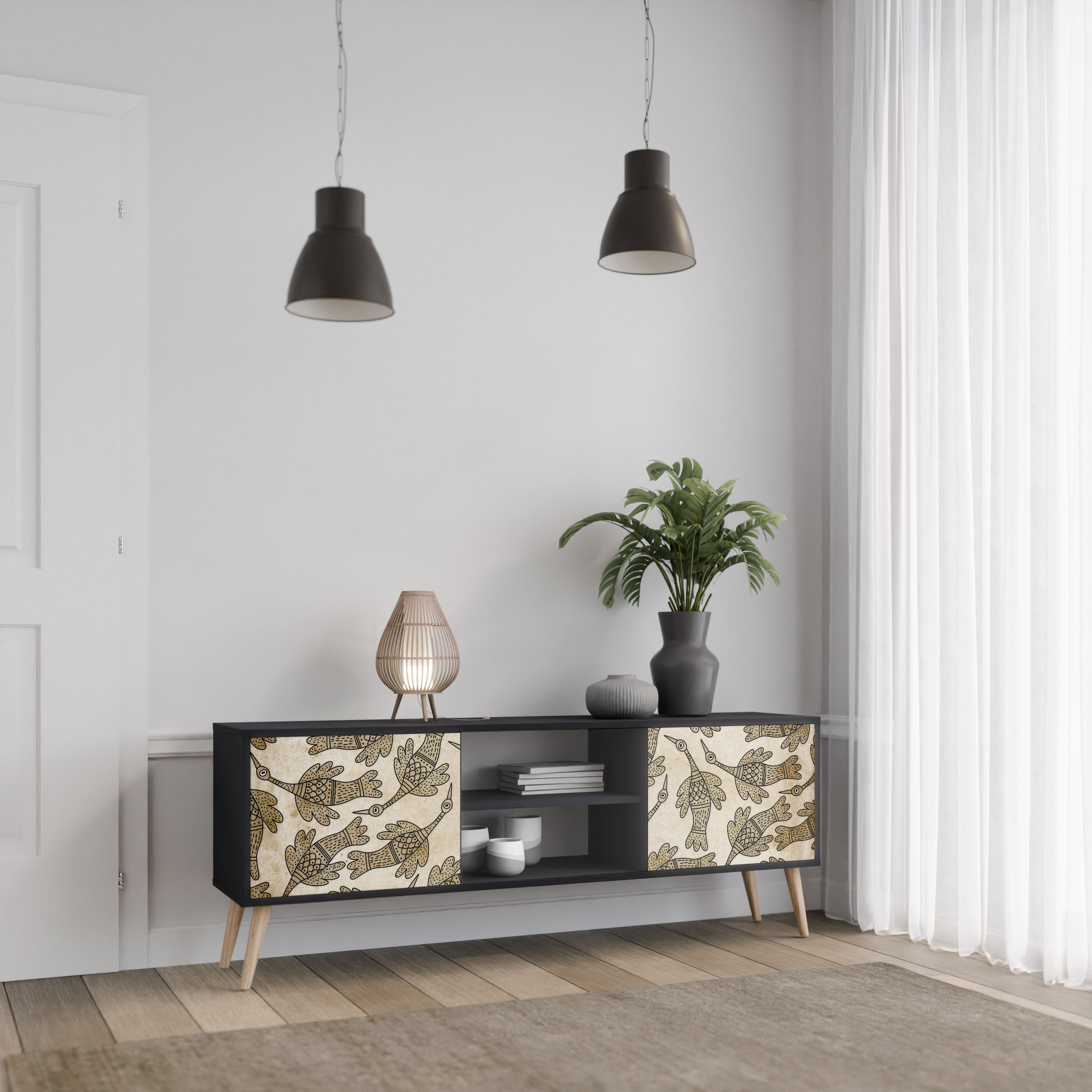 Mueble de TV de 2 puertas ALMONDINE SONGBIRD con acabado negro